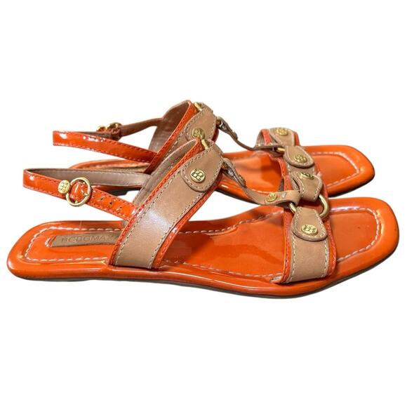 BCBG Leather Flats Ankle Strap Sandals Womens Size 6.5 Orange Tan Gold - Picture 4 of 11